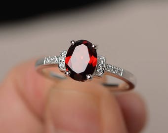 Genuine Garnet Engagement Promise Ring Sterling Silver Ring Oval Cut Red Gemstone Ring January Birthstone Ring