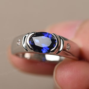 Simple Sapphire Ring Oval Cut 8x6 mm Engagement Ring for Men Sterling Silver September Birthstone Ring