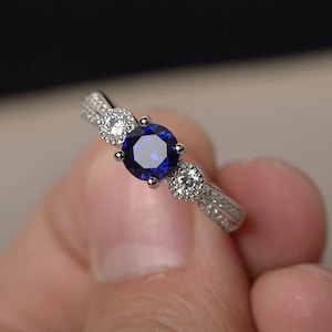 Blue Sapphire Anniversary Rings September Birthstone Round Cut Blue Stone Rings Sterling Silver Ring