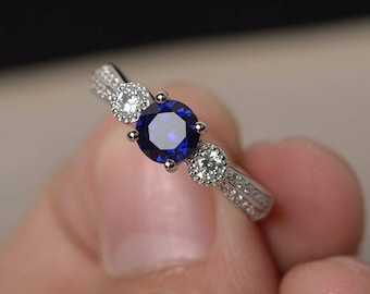 Blue Sapphire Anniversary Rings September Birthstone Round Cut Blue Stone Rings Sterling Silver Ring