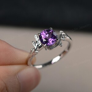 Natural Amethyst Ring Round Cut Birthstone Solitaire Ring Tiny Branch Ring with Leaves