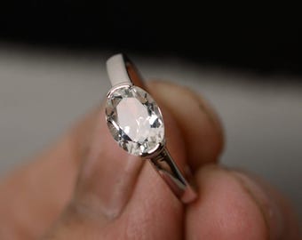 Natural White Topaz Ring Oval Cut Ring Sterling Silver Prong Setting Ring