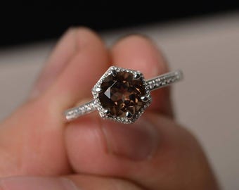 Smoky Quartz Ring Round Cut Silver Gemstone Jewelry Engagement Ring