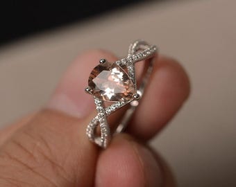 Natural Pink Morganite Ring Pear Cut Engagement Ring Pink Gemstone Ring Sterling Silver Ring