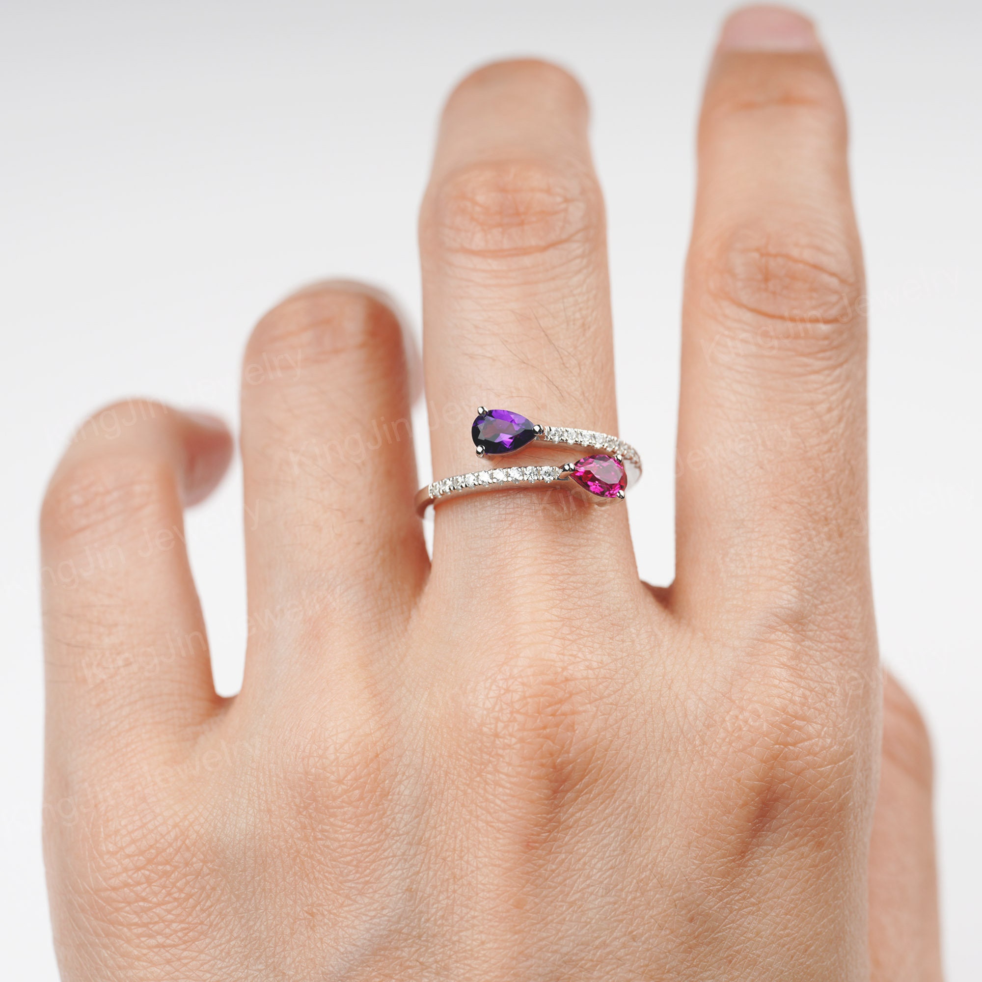 Amethyst and Ruby Ring Sterling Silver 2 Stones Mothers Ring