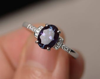 Lab Alexandrite Sterling Silver Ring Engagement Oval Cut Ring Gemstone Ring June Birthstone Ring