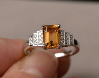 Natural Citrine Ring Sterling Silver Ring Emerald Cut November Birthstone Ring