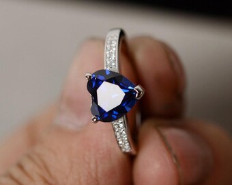 Sapphire Ring Silver Gemstone Ring Heart Lab Sapphire Ring Promise Ring