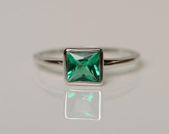 Lab Emerald Ring Vermeil Sterling Silver Ring May Birthstone Ring Princess Cut Ring