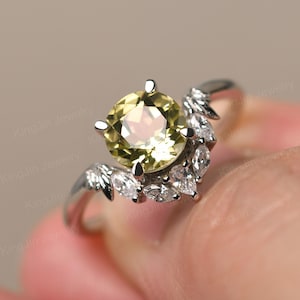 Unique Lemon Quartz Ring Sterling Silver Round Cut Twig Promise Ring Wheat Ears Ring