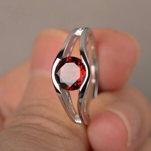 Natural Garnet Ring Engagement Ring January Birthstone Round Cut Red Gemstone Ring Solitaire Ring Sterling Silver Ring