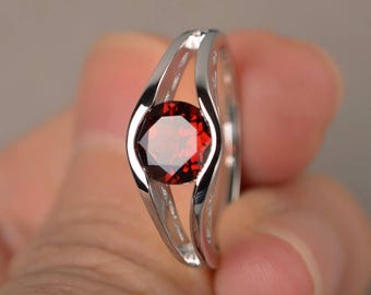 Natürliche Granat Ring Verlobungsring Januar Birthstone Rundschliff Roter Edelstein Ring Solitär Ring Sterling Silber Ring