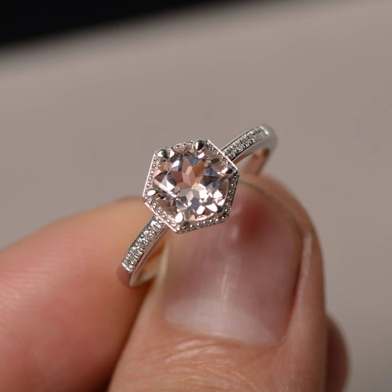 Natural Morganite Ring Engagement Ring Pink Gemstone Ring Round Cut image 2