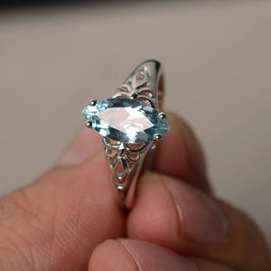 Solitaire Rings Natural Blue Aquamarine Rings Wedding Rings March Birthstone Marquise Cut Gems Sterling Silver Rings