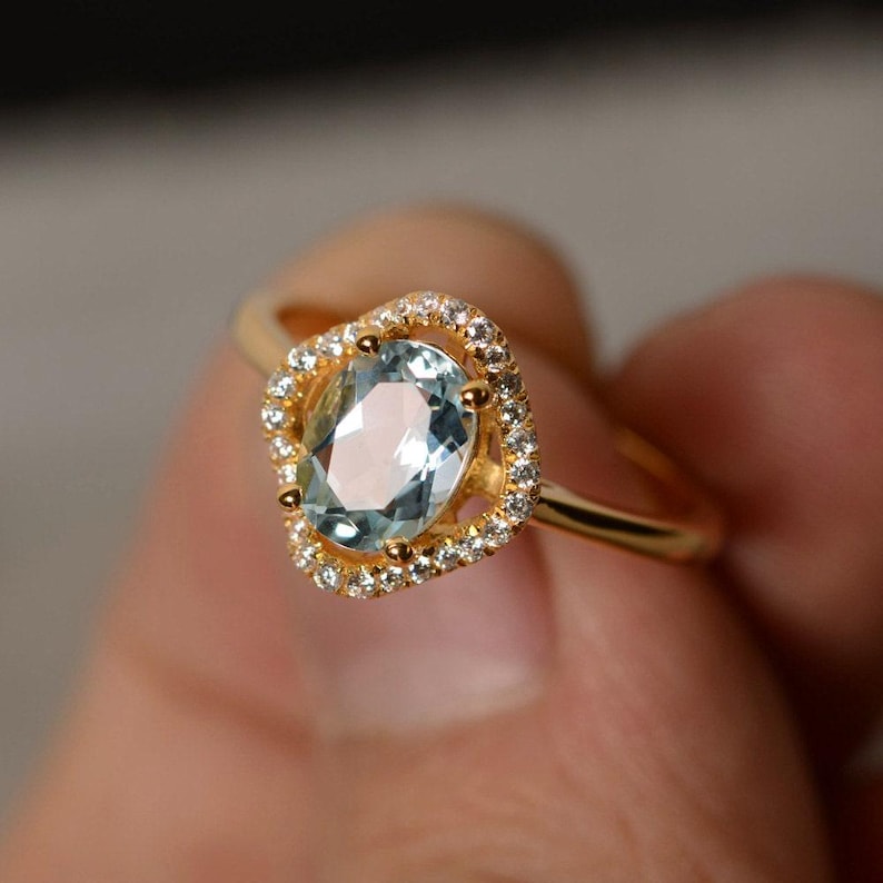 Aquamarine Ring Yellow Gold Plated Silver Promise Clover Ring March Birthstone Ring image 2
