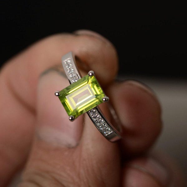 Natural Peridot Ring Sterling Silver August Birthstone Ring Promise Ring Engagement Ring Gift Ring Emerald Cut Ring Green Gemstone