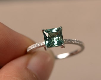 Green Sapphire Ring Princess Cut Genstone Sterling Silver Engagement Ring