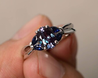 Anillos de alejandrita, anillos de promesa, piedra natal de junio, piedra preciosa de corte ovalado, anillos de plata esterlina, regalos de boda