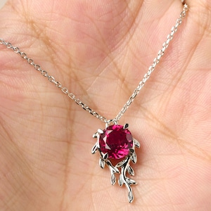 Unique Ruby Pendant Necklace Sterling Silver Olive Leaf Branch Pendant Wedding Necklace July Birthstone Necklace
