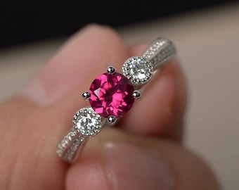 Red Ruby Engagement Rings Round Cut Red Gemstone Rings Silver Ring July Birthstone