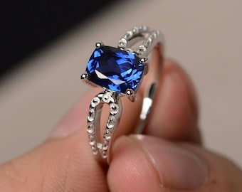 Blue Sapphire Rings Anniversary Rings September Birthstone Sterling Silver Rings Cushion Cut Rings Unique Rings