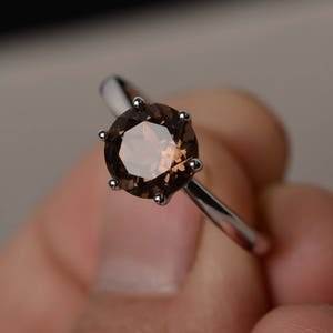 Natural Smoky Quartz Ring Silver Solitaire Ring Round Cut Engagement Gemstone Ring