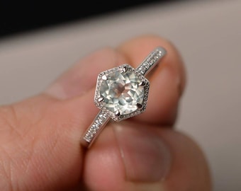 Anillos de amatista verde, anillo de compromiso de plata de corte redondo, anillos de plata, joyas de piedras preciosas