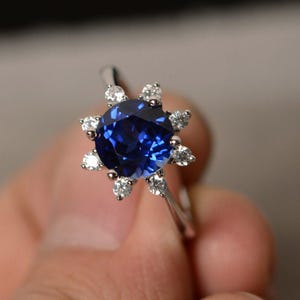 Sapphire Ring Sterling Silver Genuine Blue Gemstone Ring Halo Ring