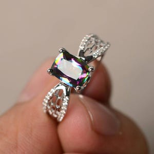 Genuine Mystic Topaz Rings Rainbow Topaz Rings Cocktail Rings Sterling Silver Rings Cushion Cut Rings