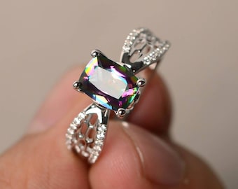 Genuine Mystic Topaz Rings Rainbow Topaz Rings Cocktail Rings Sterling Silver Rings Cushion Cut Rings