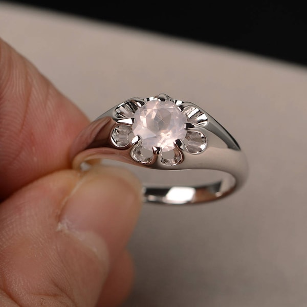 Solitaire Ring Natural Rose Quartz Ring Wedding Ring Round Cut Pink Gemstone Ring Sterling Silver Ring