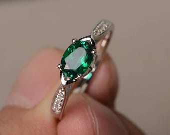Emerald Ring Engagement Ring May Birthstone Ring Green Gemstone Oval Cut Gemstone Sterling Silver Ring