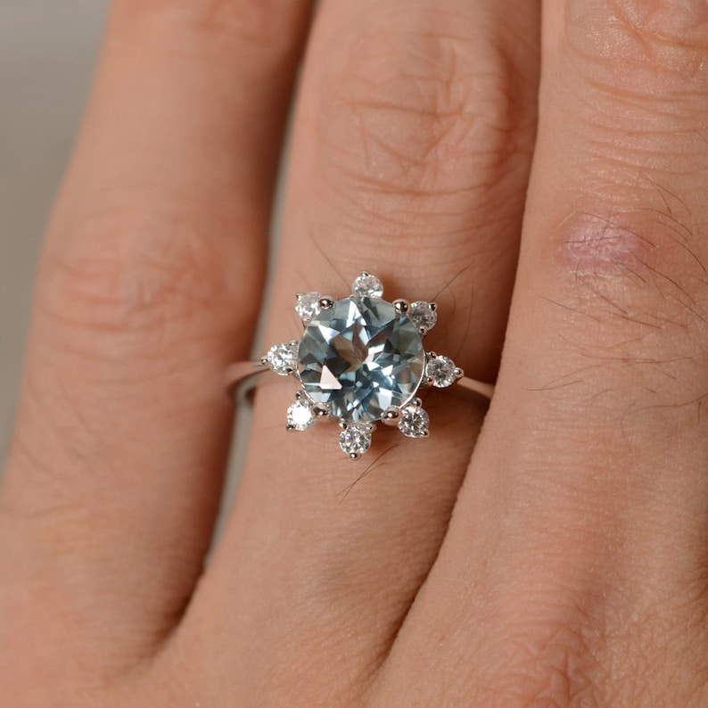 Natural Aquamarine Ring Engagement Ring Sterling Silver March Birthstone