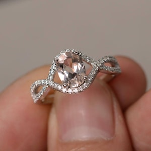 Morganite Ring Oval Shaped Engagement Rings  Pink Gemstone Ring Silver