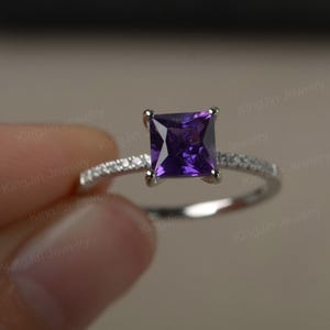 Purple Amethyst Ring Princess Cut February birthstone Sterling Silver Engagement Ring
