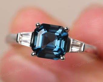 Delicate Asscher Cut London Blue Topaz Engagement Ring with Baguette Stone Silver November Birthstone Ring