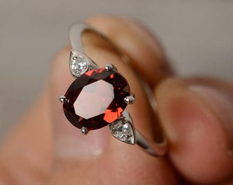 Red Garnet Ring Sterling Silver Oval Gemstone Ring Engagement Rings