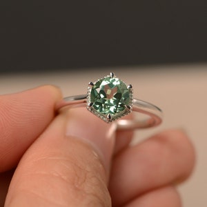 Round Cut Green Sapphire Ring Green Gemstone Ring Silver Solitaire Engagement Ring