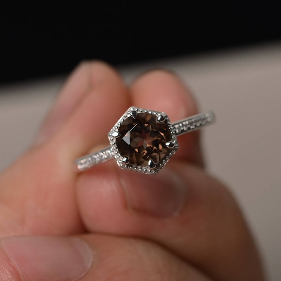 round cut smoky quartz ring smoky crystal ring brown gemstone ring engagement ring sterling silver ring