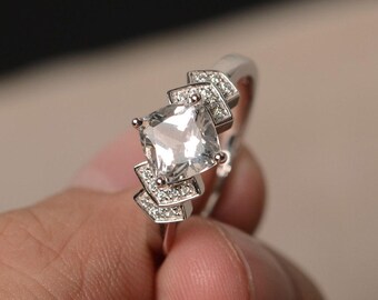 Natural White topaz Ring Cushion Cut Gemstone  Ring Sterling Silver Ring