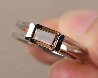 Minimalist Smoky Quartz Ring Emerald Cut East West Promise Ring Sterling Silver Double Band Ring