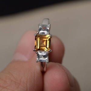 Natural Citrine Rings Engagement Rings Square Cut Rings November Birthstone Sterling Silver Rings