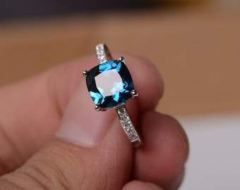 London Blue Topaz Ring Engagement Ring For Women Sterling Silver Cushion Cut November Birthstone Ring