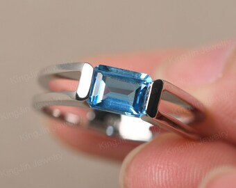 Real Swiss Blue Topaz Ring Emerald Cut Sterling Silver Anniversary Ring Minimalist November Birthstone Ring