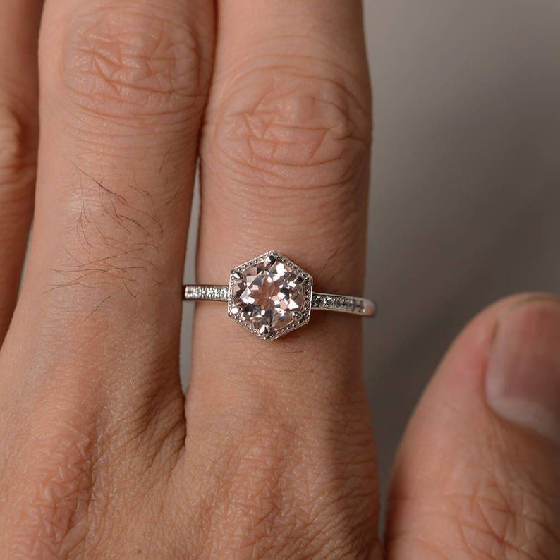 Natural Morganite Ring Engagement Ring Pink Gemstone Ring Round Cut image 4