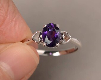 Natural Amethyst Ring Wedding Ring Oval Cut Purple Gemstone Ring Solitaire Ring Sterling Silver Ring February Birthstone