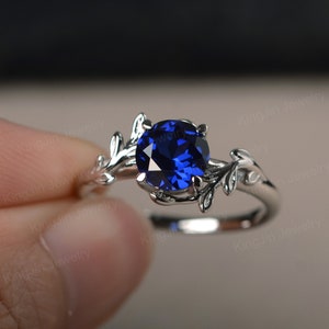 Sapphire ring branch & leaves ring solitaire engagement ring round cut September birthstone ring