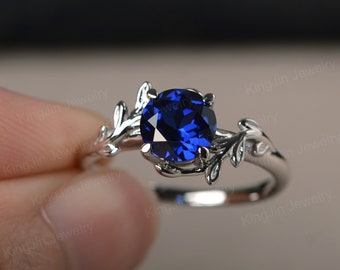 Sapphire ring branch & leaves ring solitaire engagement ring round cut September birthstone ring