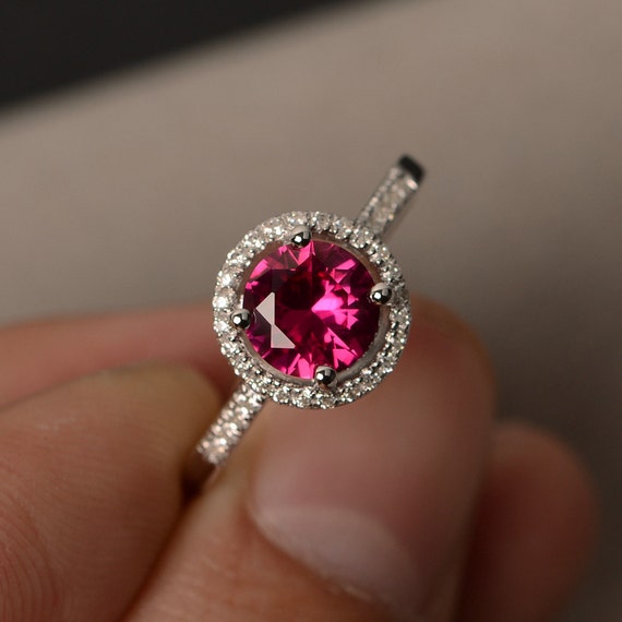 Halo Ring Ruby Gemstone Rings Round Cut Ruby Engagement Rings for