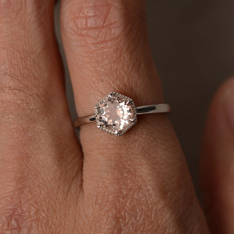 Round Cut Morganite Rings Halo Ring Morganite Engagement Ring Sterling Silver 925 image 3